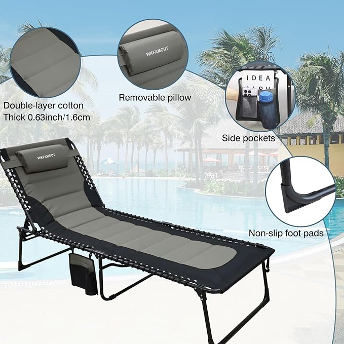 Oversized Padded Outdoor Folding Lounge Chair for Adults 330Ibs Patio Chaise Lounge Chair for Outside 5-Position Adjustable Reclining Beach Chair with Pillow Pocket