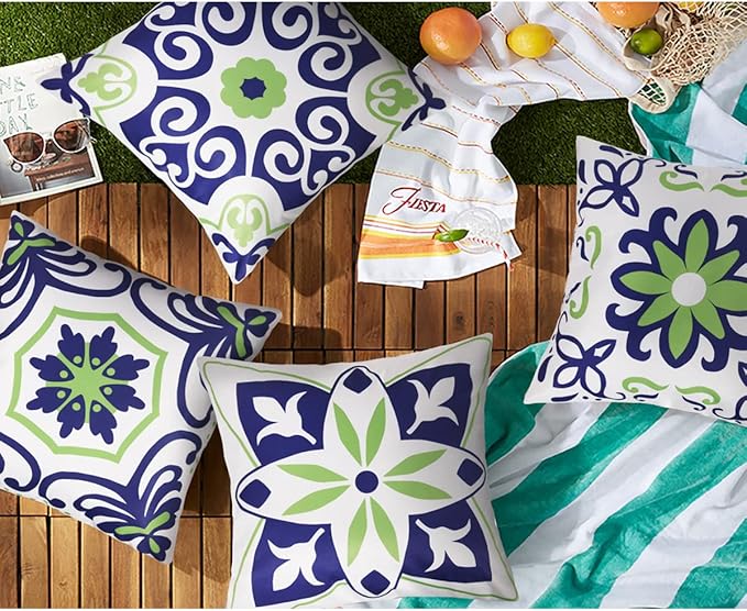 Pyonic Set of 4 Outdoor Pillow Covers 20x20 Waterproof Decorative Throw Pillow Covers Floral Printed Farmhouse Boho Pillowcase for Patio Funiture Garden Navy Blue