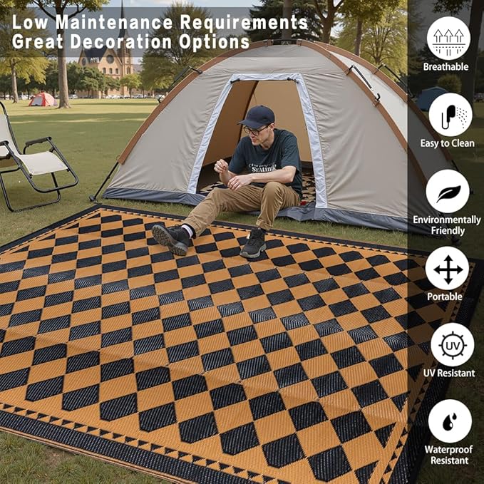 HUGEAR Outdoor Waterproof Rug 6'x9' Plastic Straw Rugs Washable Reversible Floor Mat Brown Plaid Carpet for Camping RV Deck Entryance Porch Picnic Balcony Beach Backyard