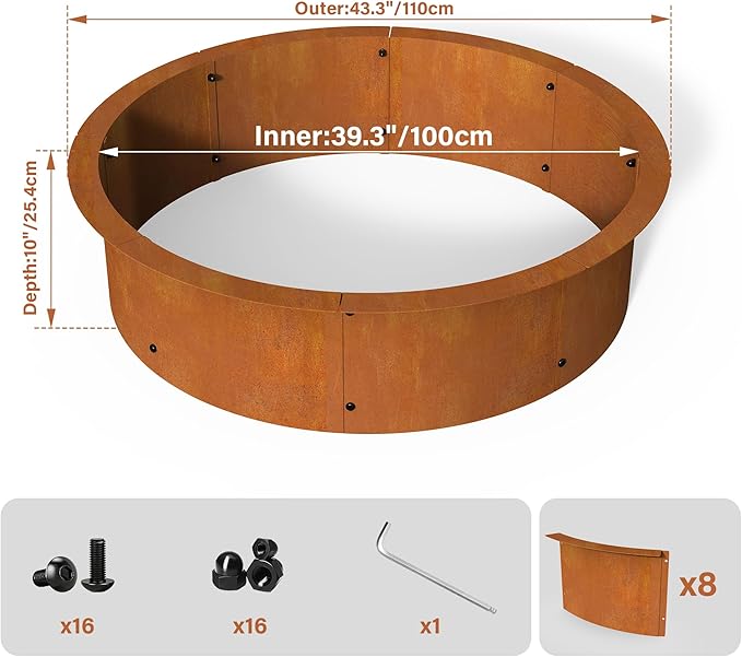 39” Extra Thickened Corten Steel Fire Pit Ring for Outdoor Wood Burning, Heavy-Duty Above & In-Ground Fire Ring, Round Backyard Patio Campfire Accessory for Family Gathering