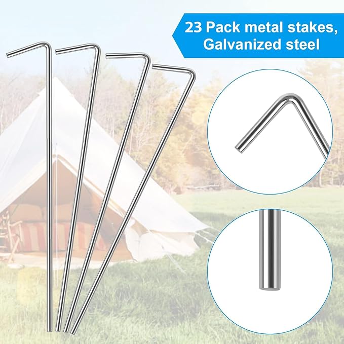 Oligei 23 Pack Tent Stakes, Heavy Duty Metal Tent Pegs, Hooked, Silver, Perfect for Camping, Gardening & Outdoor Decorations