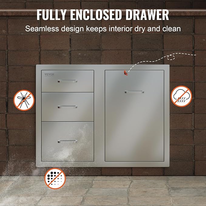 VEVOR Stainless Steel Cabinet, Outdoor Kitchen Door Drawer Combo 29.5" W x 22.6" H x 21.7" D, Access Door/Triple Drawers, Propane Drawer, Adjustable Garbage Ring, BBQ Island Patio Grill Station