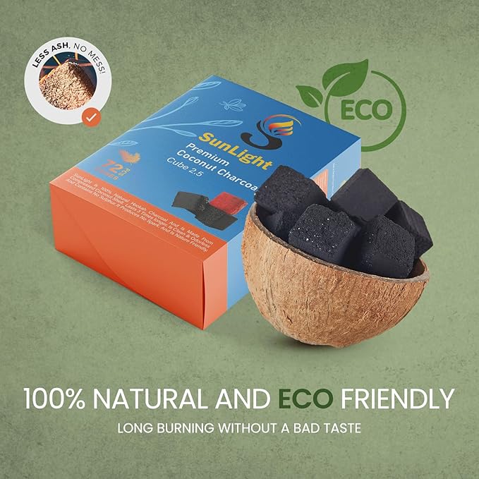 Sunlight® Premium Coconut Charcoal Cubes - (2.5mm) - Long Lasting Natural Coco Charcoal - Zero Ash - Low Odor - 2.5 mm Cubes - Long Lasting - Full Burn (72)