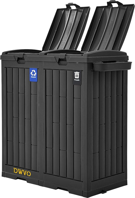 DWVO 76 Gallon Outdoor Trash Can, Dual-Compartment Resin Garbage Bin with Lid, Includes 2 Sorting Labels, Ash Holder, Stakes & Suction Cups, Hideaway Storage for Patio Backyard Garden, Black