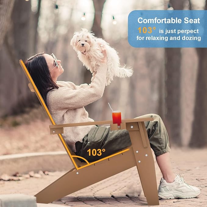 MXIMU Modern Adirondack Chairs Set of 2 Weather Resistant with Cup Holder Oversize Plastic Fire Pit Chairs Adorondic Plastic Outdoor Chairs for Firepit Area Seating (Teak)