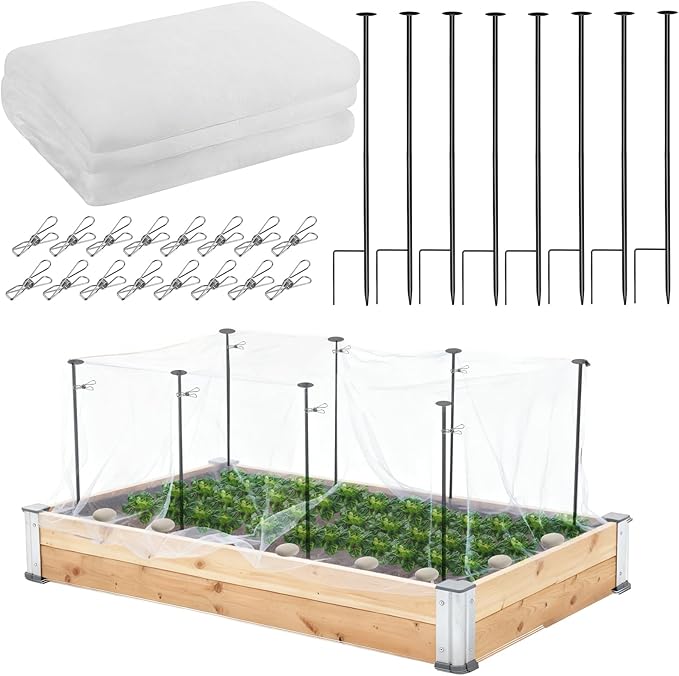 Metal Garden Netting Kit, 8 Pack 2.6ft Raised Garden Bed Net Support Stakes with 10´×13´ Fine Mesh Insect Netting 16pcs Clips Bird Barrier Screen Cover for Protect Plant Vegetable Row from Animals Bug