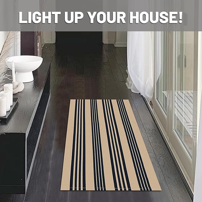 IOHOUZE Black and Tan Striped Rug 2'x3' Front Door Rugs Outdoor, Small Washable Area Rug for Front Porch, Spring Summer Welcome Mats Outdoor Indoor, Doormat for Entryway Porch Entrance