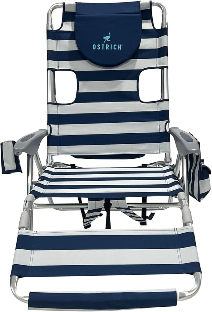 Ostrich Deltess 3N1 Portable Tanning Chair, Reclining Outdoor Lounger, and Cooler Bag, Lightweight and Adjustable, Striped Blue and White