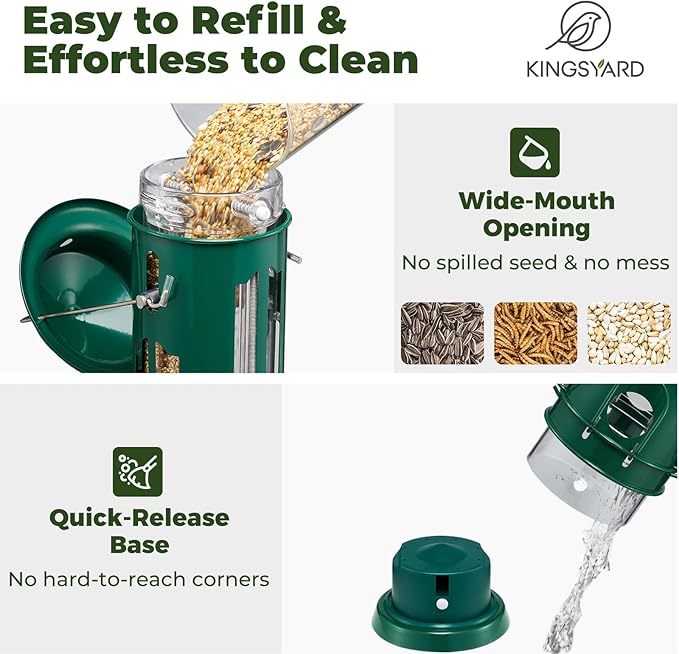 Kingsyard Squirrel Proof Bird Feeder for Outdoors Hanging, Metal Wild Bird Feeders with Removable Base and Baffle, Easy to Clean & Refill, 3 lbs Large Seed Capacity, Dark Green