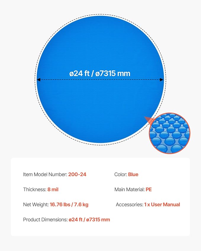 VEVOR Solar Pool Cover, 24 ft Round Pool Bubble Cover, 8 Mil Pools Solar Blanket with Bubble & PE Material, Daytime Heat Absorption, Nighttime Heat Retention, Heat Retaining Solars Covers, Blue