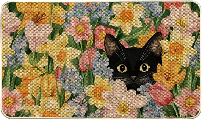 Artoid Mode Black Cat Floral Flowers Spring Doormat,Home Decor Door Mat Low-Profile Switch Rug Floor Mat for Indoor Outdoor 17x29 Inch