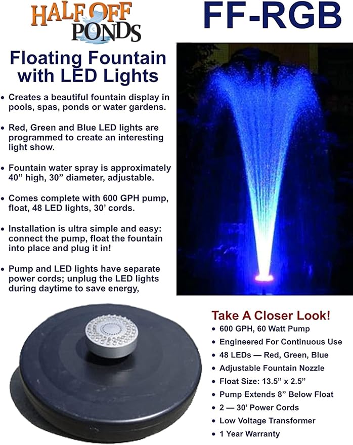 HALF OFF PONDS Small Floating Fountain – 600 GPH Pump for Pools, Ponds & Water Gardens – Adjustable 40" Spray – 48-LED RGB Light Show, Float & 30' Cord