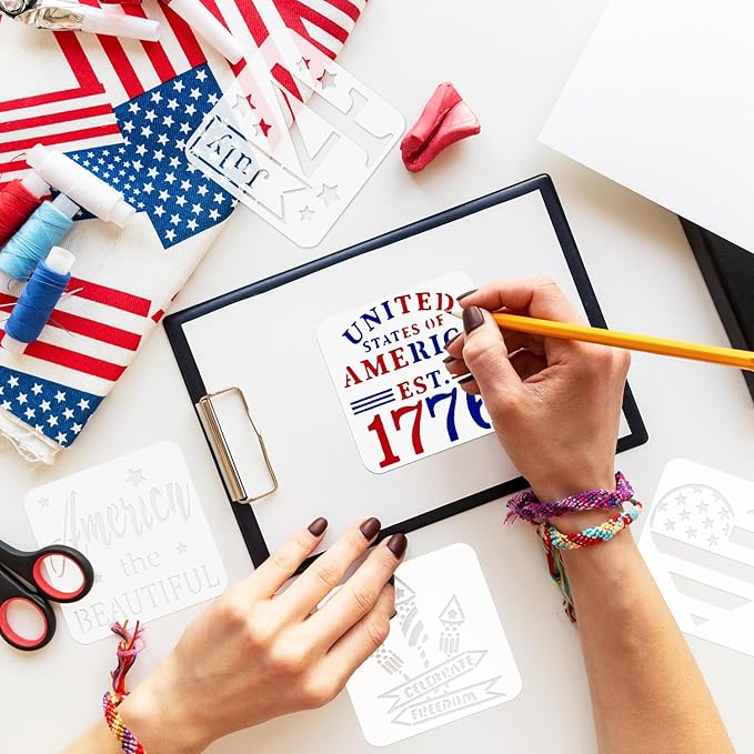 Patriotic Stencils, 24 PCS Reusable 4th of July Stencils Independence Day Templates for Painting American Flag Scrapbooking Wall Floor Home Decor DIY Rock Painting Art Projects 3 x 3 Inch