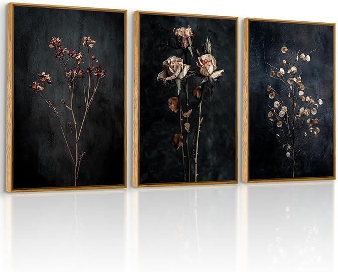 QTUSYUR Dark Dried Wildflower Wall Art - Large Farmed Floral Botanical Art Print - Farmhouse Flower Canvas Artwork for Bedroom Living Room- Modern Minimalist Wall Pictures for Home Decor 16”×24”×3