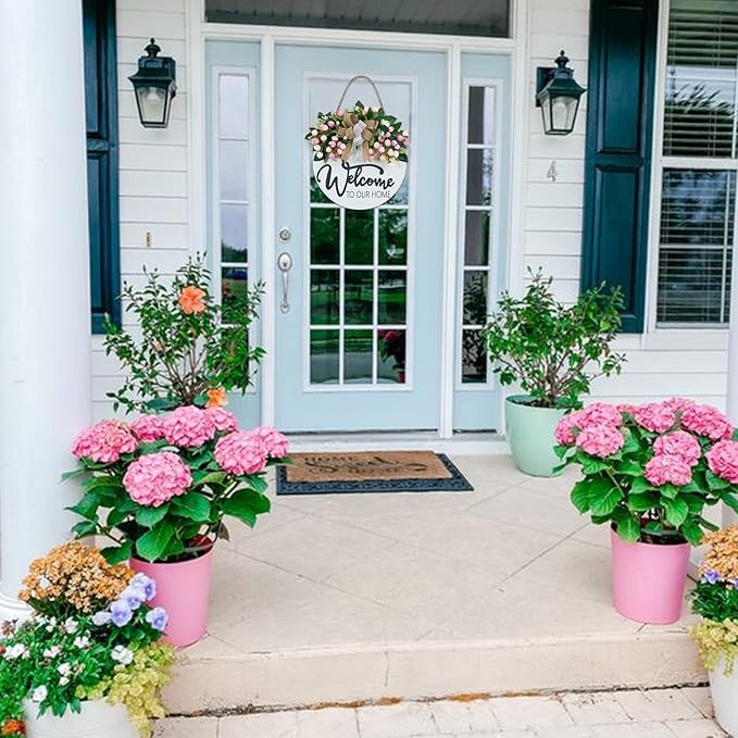 3D Spring Summer Welcome Wreaths for Front Door, Wood Door Hanger,Floral Porch Decor,Wall Plaque, Pink Flower Wreath,Farmhouse White Welcome Sign for Front door-13