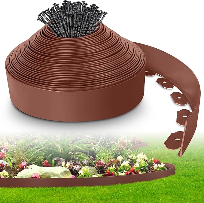 4-Inch x 50 FT Landscape Edging Border with 75 Spikes, Garden Edging Lawn Border Kit, Plastic Edging Border Flexible for Garden Flower Beds Lawn Yard Pathway Paver Edging (Brown)