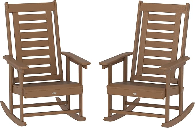 Outsunny Outdoor Rocking Chairs Set of 2, HDPE Patio Rocking Chairs with 28" High Back and Wide Armrests, All-Weather Slatted Porch Rockers for Garden, Balcony, Fire Pit, Brown