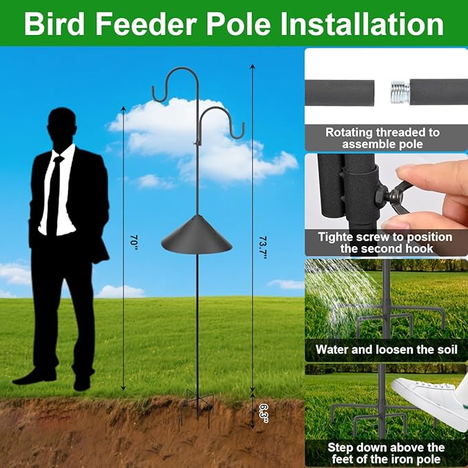 Bird Feeder Pole with Squirrel Baffle, 80" Tall Heave Duty Pole with Double Shepherd Hook 5 Prongs Base for Outdoor Hummingbird Feeders (No Bird Feeder)