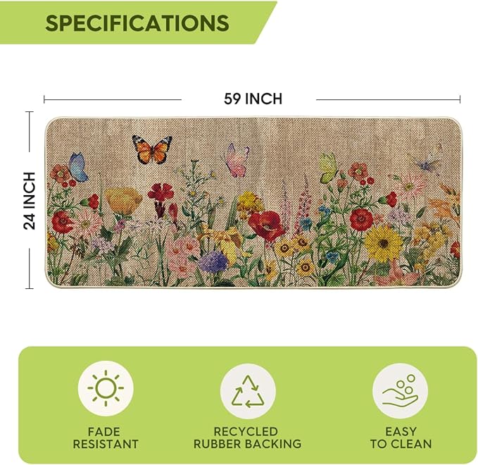 Artoid Mode Wood Flowers Butterfly Spring Runner Rug, Home Summer Decor Low-Profile Door Mat Floor Mat for Indoor Outdoor 24x59 Inch