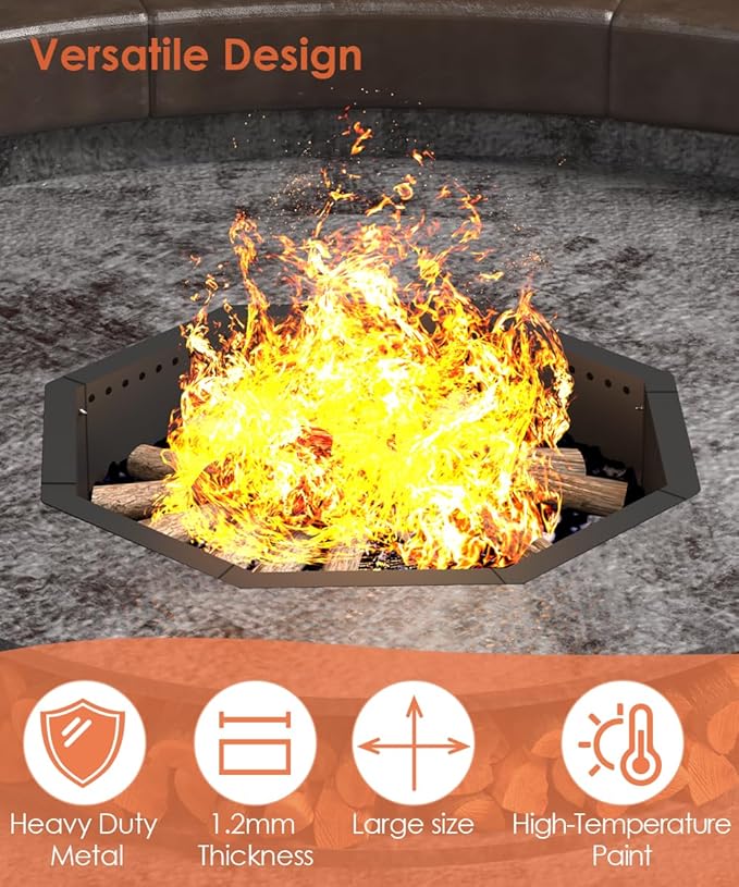 Mocomax Smokeless Fire Pit Ring 28-Inch Outer 24-Inch Inner Diameter, Large Solid Steel Firepit Liner for Outside Wood Burning, DIY Campfire Ring Above or In-Ground for Outdoor, Octagonal