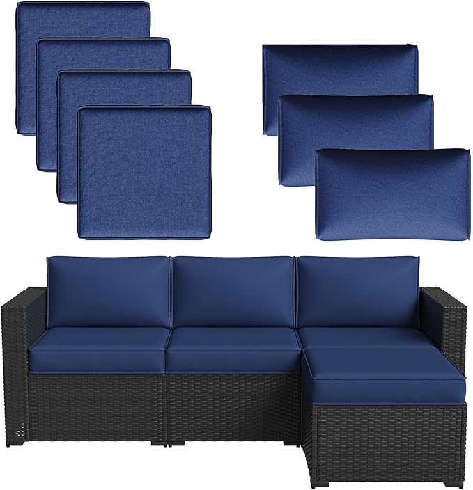 Aoxun Patio Furniture Cushions for Outdoor Furniture Set of 4, Thick Replacement Patio Couch Cushion for Outdoor Furniture, 7-Piece Splashproof Fade Resistant Outdoor Couch Cushions, Navy Blue