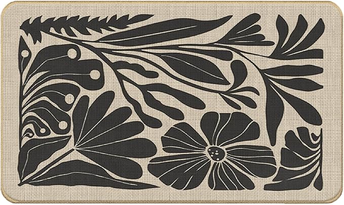 Boho Beige and Black Floral Door Mat - Bohemian Neutral Floral Front Door Welcome Mats Outdoor Entrance, 17x30 Rug