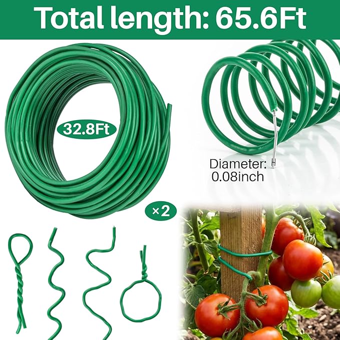 65.6 Feet Soft Plant Ties for Climbing Plants Garden Wire Twist Ties for Tomatoes, Vegetables & Home Organization (2 Rolls, 32.8ft Each, 2.5mm Diameter)