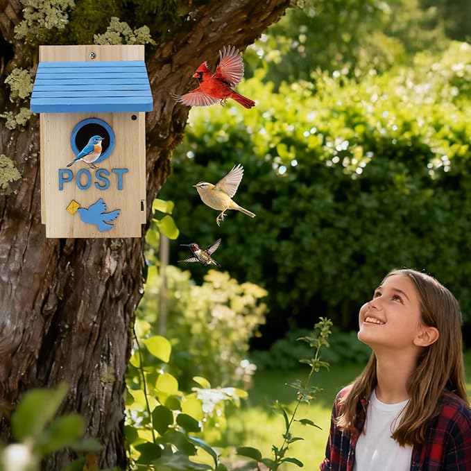 Wooden Bird Houses Bird House for Outside, Blue Wood Mailbox Bird House for Outdoors, Entrance Hole Bird House for Garden Blue Bird Hummingbird Wren Cardinal Swallow Sparrow Finch