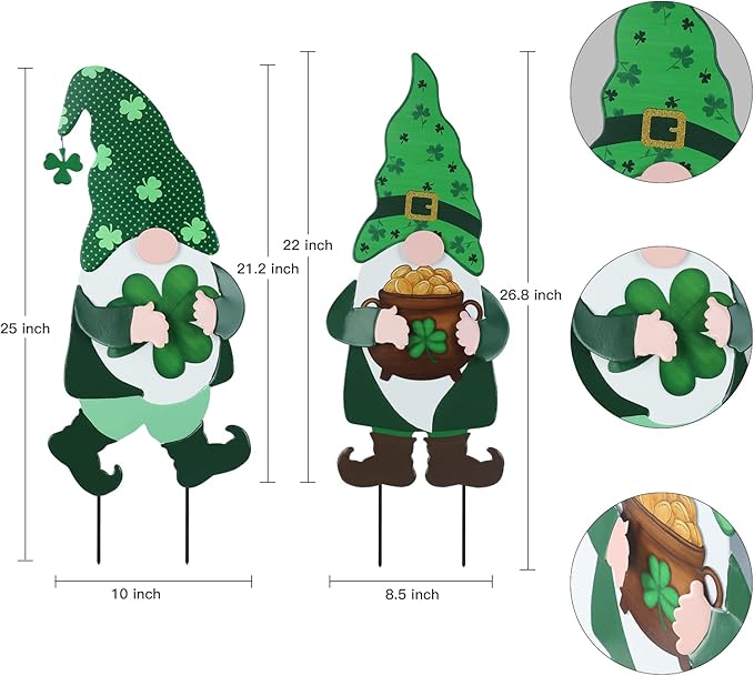 YEAHOME St Patricks Day Decorations Outdoor, 2 Pack Green Gnomes Decorative Garden Stakes for St Patricks Day Decor, Metal Yard Signs for The Home Garden Lawn Patio Decorations