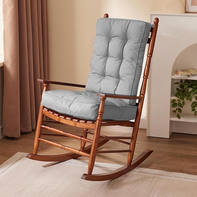 Rocking Chair Cushion, Waterproof and Fade-Resistant Patio Chair Cushions, Tufted Chair Pads for Rocker Furniture, 17x17 Inch, Indoor/Outdoor Seat Cushions with Ties, Light Grey