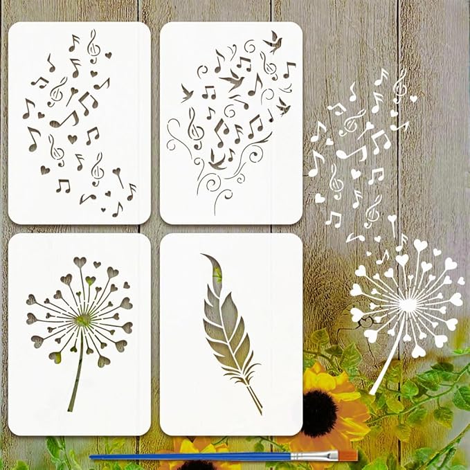 FINGERINSPIRE 4PCS Music Notes Painting Stencil with Plastic Brush 8.3x11.7inch Feathers Dandelions Drawing Template Love Heart Pattern Stencil Music Theme Template for Painting on Wood Furniture