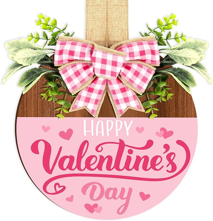 Britimes Happy Valentine’s Day Welcome Door Sign Valentine’s Day Round Wooden Hanging Decorations Pink Romantic Rustic Farmhouse Front Door Sign Wall Art Decor for Home Wedding Outdoor
