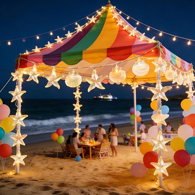 Starfish Shell String String Light 9.8FT 20 LED Lights with Battery Operated Warm White LEDs, Ocean Theme for Holiday Party, Wedding, Garden Decoration (Shell Star Seahorse, 9.8 FT)