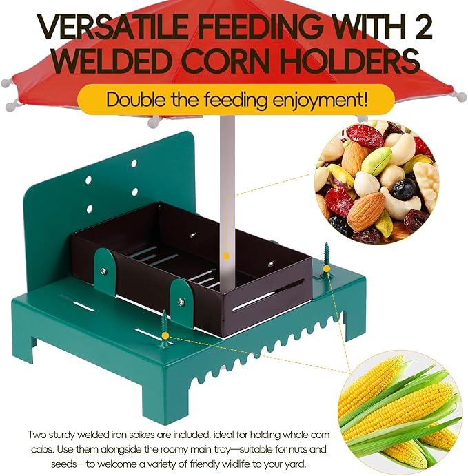 Metal Squirrel Feeder Picnic Table with Umbrella - Heavy Duty Iron Outdoor Chipmunk Feeder, Rust Resistant Corn Cob Holder, Funny Backyard Wildlife Gift for Nature Lovers. (RED)