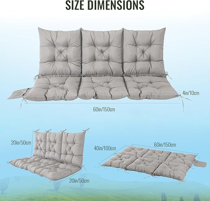 NACATIN 3 Seat Cushion for Outdoor Swing - 60x40 inches, 4" Thick Porch Swing Cushions with Ties and Storage Bag, Waterproof Bench Cushions for Patio, Outdoor, Backyard and Garden (Light Gray)