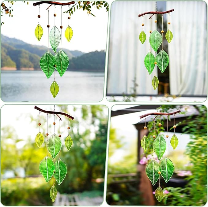 Glass Wind Chimes for Outside,Unique Handmade Windchimes Outdoors with Stained Glass Leaves for Home Window Garden Yard Patio Decor,Green 20"