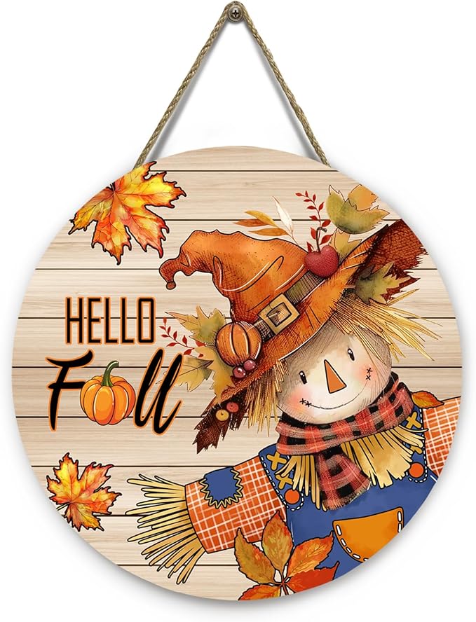 Hello Fall Autumn Scarecrow Door Sign for Porch Pumpkins Maple Leaf Wood Hangers Farmhouse Door Sign for Front Door Decor Seasonal Home Decorations Autumn Wall Hanger Sign