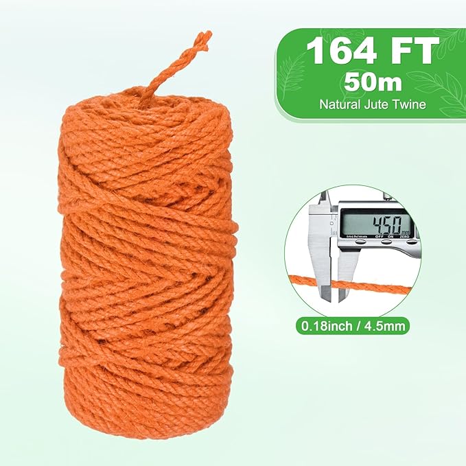 1-Pack Natural Jute Twine String, 4.5mm x 164ft/50m Long Garden Twine String for Crafts/Gift Wrapping/Gardening Plants, Durable Plant Ties Thick Rope [Orange]