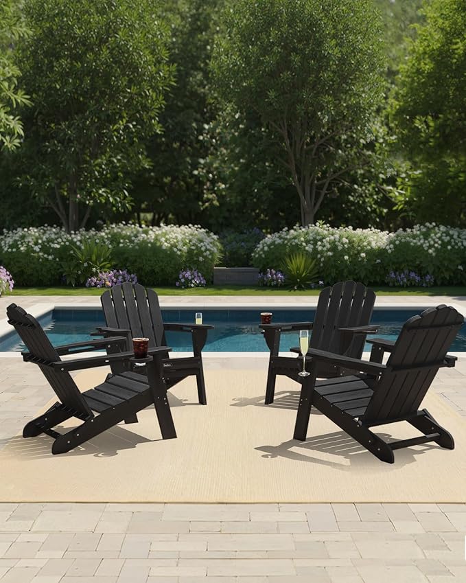 Adirondack Chairs Set of 4, HDPE Material Fire Pit Chairs, Plastic Adirondack Chairs with 2 Cup Holder, Outdoor Lawn Chair for Patio Garden, Black