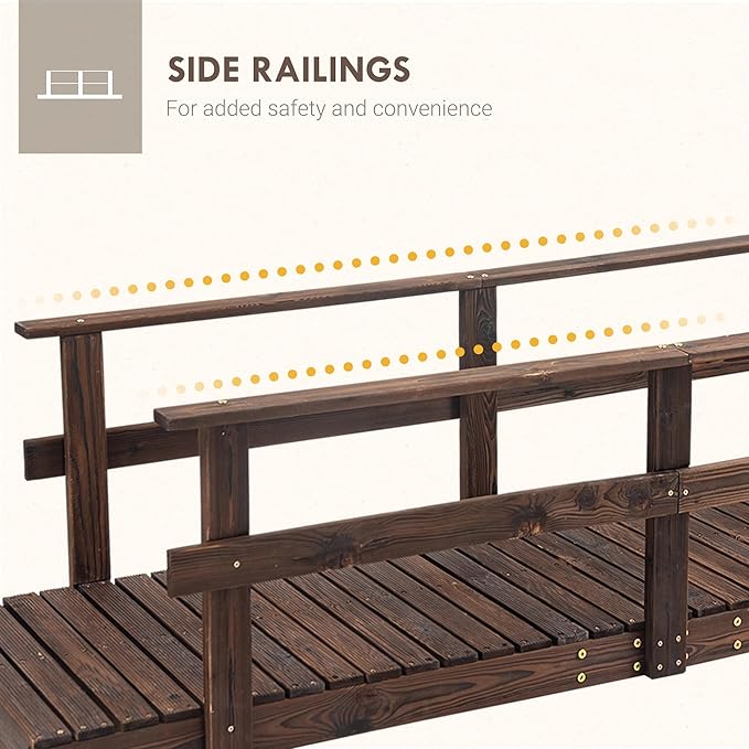 7 ft Pine Wood Garden Bridge with Safety Rails, Backyard Footbridge for Ponds, Creeks, Streams