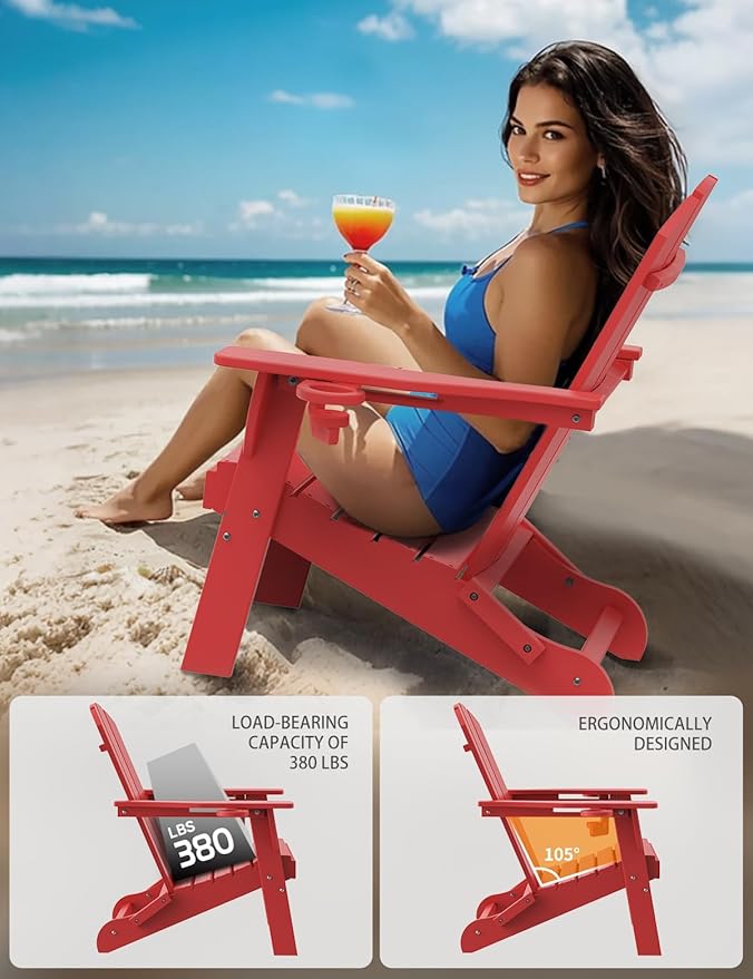Folding Adirondack Chair, Wooden Textured Plastic Adirondack Chairs with 2 Cup Holder, Weather Resistant HDPE Fire Pit Chair, Outdoor Patio Chairs for Garden, Backyard, Lawn, Deck, 380LBS, Red