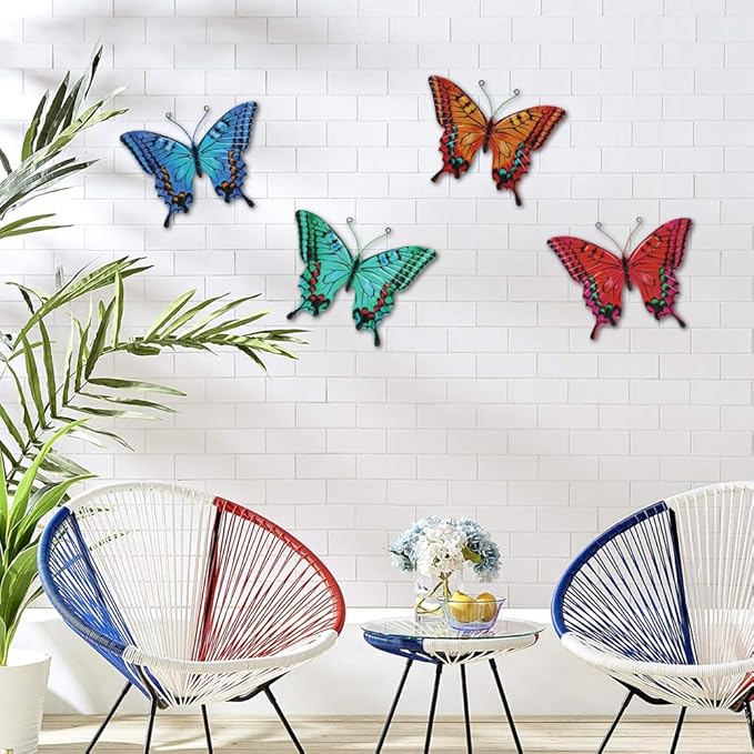4 Pack Butterfly Wall Decor Art, Vivid Butterflies Outdoor Metal Wall Art with Colorful Pattern, Outdoor Garden Yard Fence Patio Decor Gift for Women Mom