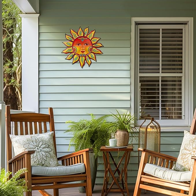Metal Sun Flower Wall Decor - 13 inches Sun Wall Art Hanging Decorations for Outdoor, Home Garden Yard Patio Fence Bedroom Decor, Gifts for Mom Friends