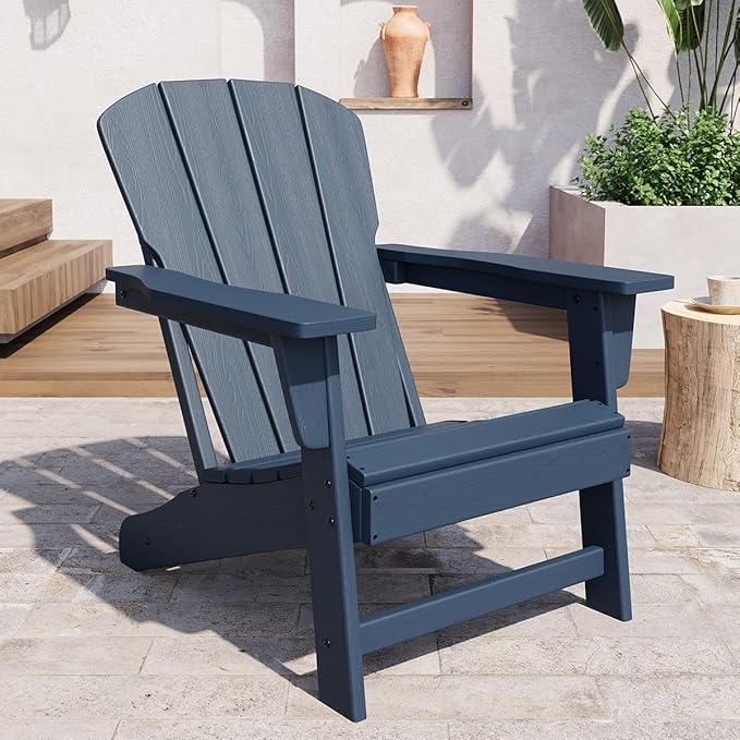 Modern HDPE Plastic Adirondack Chair - Oversize 380 LB Poly Lumber Weather Resistant Firepit Chair - Outdoor Patio Chairs with Wooden Textured for Garden, Backyard, Lawn, Deck, Pool, Porch - Navy Blue
