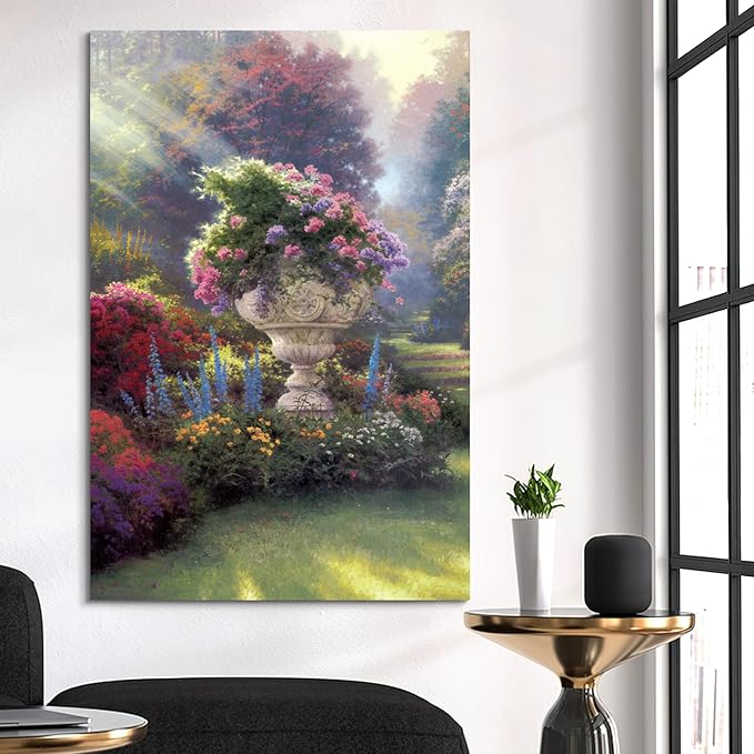 STUDIO HAVEN Thomas Kinkade Canvas Wall Art, Elaborate Stone Planter Overflowing Blooms Sunlit Meadows Oil Painting Poster Lush Floral Wall Decor, Framed Prints for Home Decor, 20x28Inch