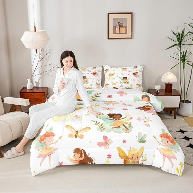 Erosebridal Fairy King Comforter Set for Girls - Butterfly & Floral Bedding Set for Kids, Cute Pink Flower Fairies Garden Quilt | Girly Princess Bedroom Decor with 2 Pillowcases