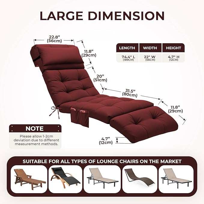 Outdoor Chaise Lounge Chair Cushion Waterproof 74.4 x 22 x 4.7 Inches Lounge Chair Cushions Thickened for Outdoor Furniture with Headrest and Pocket, Replacement Pool Lounge Cushions, Red