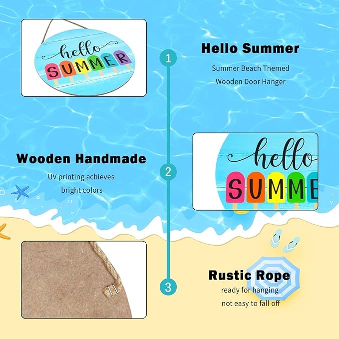 Hello Summer Wooden Door Sign, 12 Inch, Blue, Rustic, Nature Theme, Hanging Ornament, Door Mount, 1 Count