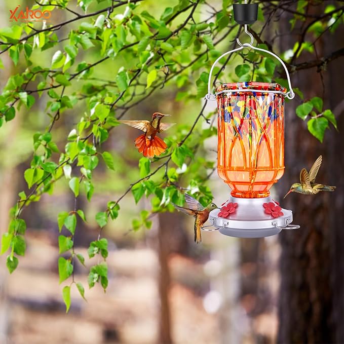 Hummingbird Feeders for Outdoors with Ant Moat, Hand Blown Glass Hummingbird Feeder, 4 Feeding Ports with Perch, Outdoor Garden Décor, 15 OZ, Orange