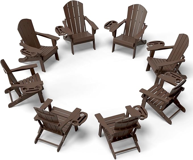 Adirondack Chair Set of 8, HDPE Folding Adirondack Chair with Multifunctional Cup Holder, Weather Resistant Fire Pit Chair for porches, patios, poolsides, Decks.